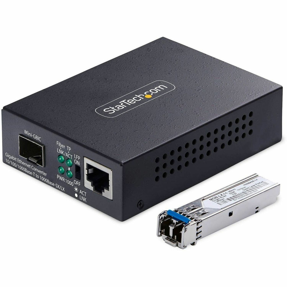 StarTech.com Gigabit Ethernet Copper-to-Fiber Media Converter, SM LC, 20km, 10/100/1000 Mbps, RJ45 to LC, 9K Jumbo Frames, TAA Compliant - MCM1110SMLC20