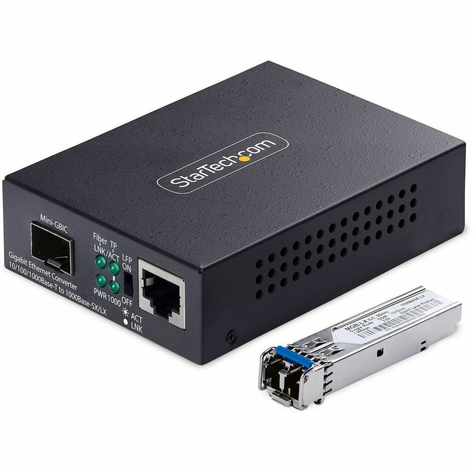 StarTech.com Gigabit Ethernet Copper-to-Fiber Media Converter, SM LC, 20km, 10/100/1000 Mbps, RJ45 to LC, 9K Jumbo Frames, TAA Compliant - MCM1110SMLC20