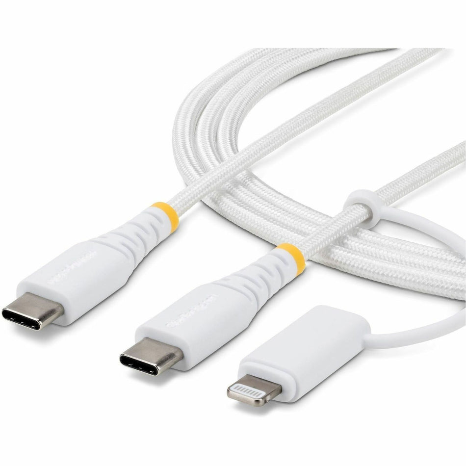 StarTech 1m (3.3ft) 2-in-1 Rugged USB-C Charging Cable with Lightning Adapter, 30W/60W, Apple MFi Certified Braided USB C Charger Cord - 1M-U2-LNTC-CABLE