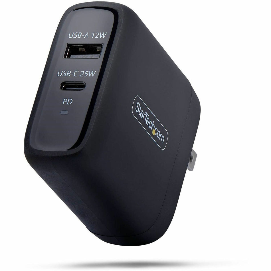 StarTech 37W USB-C & USB-A Wall Charger, Portable Charger with USB Power Delivery Fast Charging, 25W USB-C PD / 12W USB-A Output - 114NB-WALL-CHARGER
