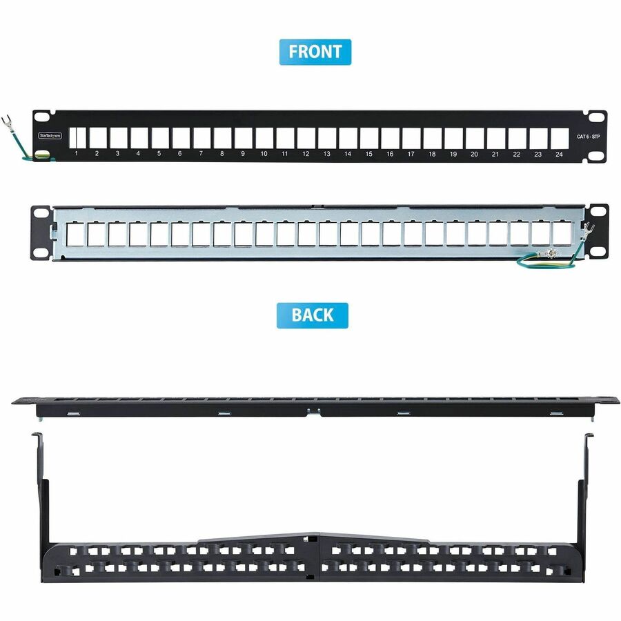 StarTech 24 Port 1U Blank Keystone Patch Panel with Cable Management Bar, Rackmount Cat6 Patch Panel for RJ45 STP Network Jacks - C6PANELSTP241U