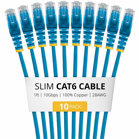 StarTech 1ft Blue Slim CAT6 Cable, 10 Pack, Snagless RJ45, UTP, LSZH, 28AWG Pure Bare Copper, Slim Network Patch Cord - N6PAT1BLS10PK