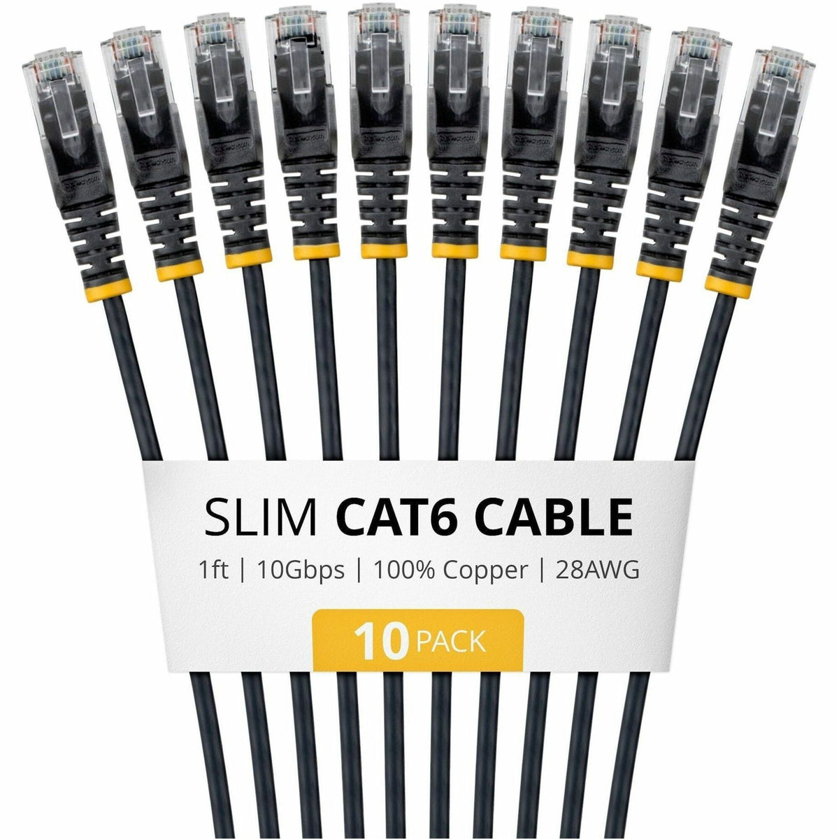 StarTech 1ft Black Slim CAT6 Cable, 10 Pack, Snagless RJ45, UTP, LSZH, 28AWG Pure Bare Copper, Slim Network Patch Cord - N6PAT1BKS10PK