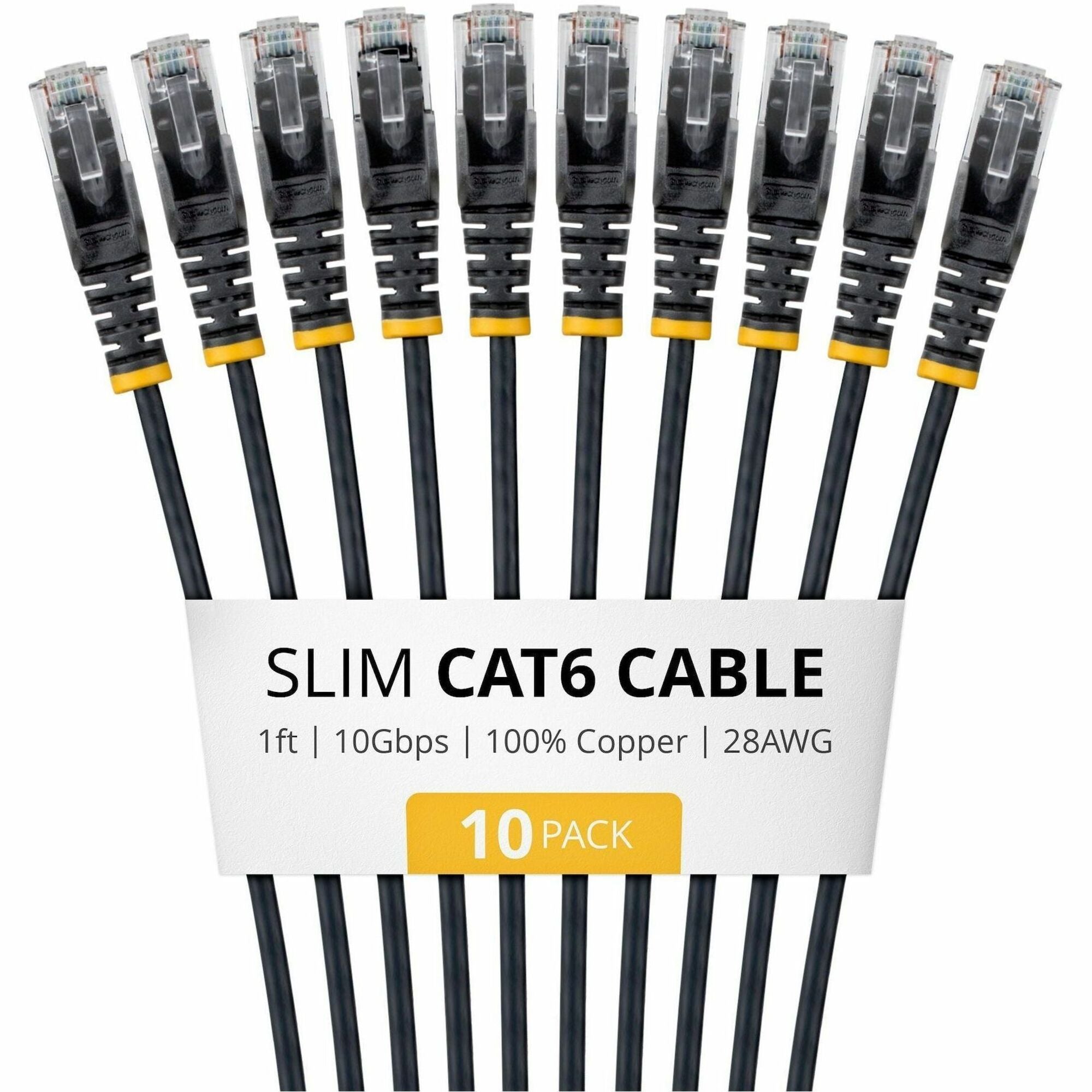 StarTech 1ft Black Slim CAT6 Cable, 10 Pack, Snagless RJ45, UTP, LSZH, 28AWG Pure Bare Copper, Slim Network Patch Cord - N6PAT1BKS10PK
