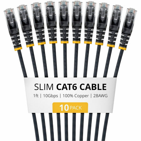StarTech 1ft Black Slim CAT6 Cable, 10 Pack, Snagless RJ45, UTP, LSZH, 28AWG Pure Bare Copper, Slim Network Patch Cord - N6PAT1BKS10PK