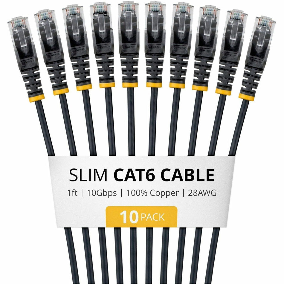 StarTech 1ft Black Slim CAT6 Cable, 10 Pack, Snagless RJ45, UTP, LSZH, 28AWG Pure Bare Copper, Slim Network Patch Cord - N6PAT1BKS10PK