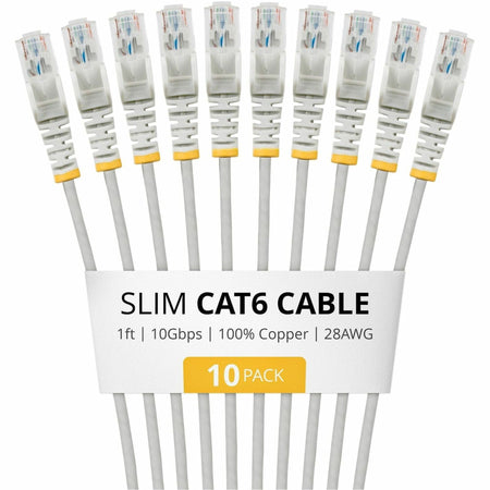 StarTech 1ft Gray Slim CAT6 Cable, 10 Pack, Snagless RJ45, UTP, LSZH, 28AWG Pure Bare Copper, Slim Network Patch Cord - N6PAT1GRS10PK