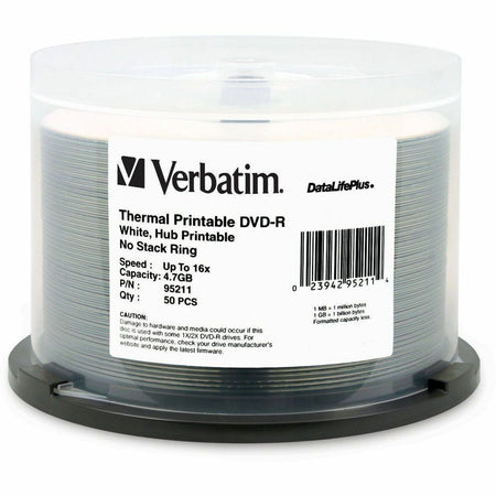 Verbatim DVD-R 4.7GB 16X DataLifePlus White Thermal Printable, Hub Printable - 50pk Spindle - 95211