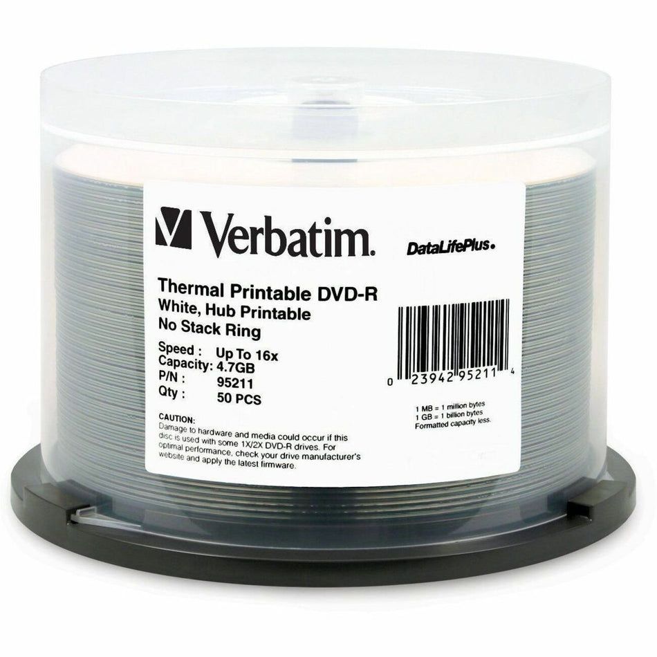 Verbatim DVD-R 4.7GB 16X DataLifePlus White Thermal Printable, Hub Printable - 50pk Spindle - 95211