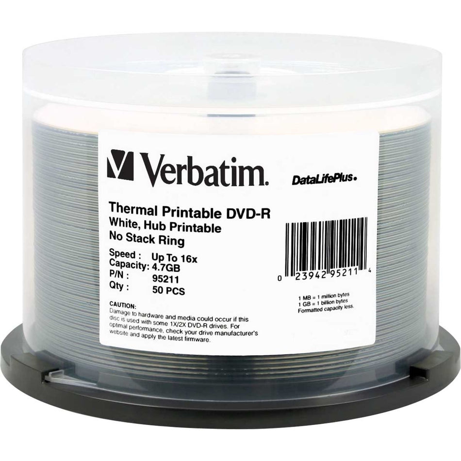 Verbatim DVD-R 4.7GB 16X DataLifePlus White Thermal Printable, Hub Printable - 50pk Spindle - 95211