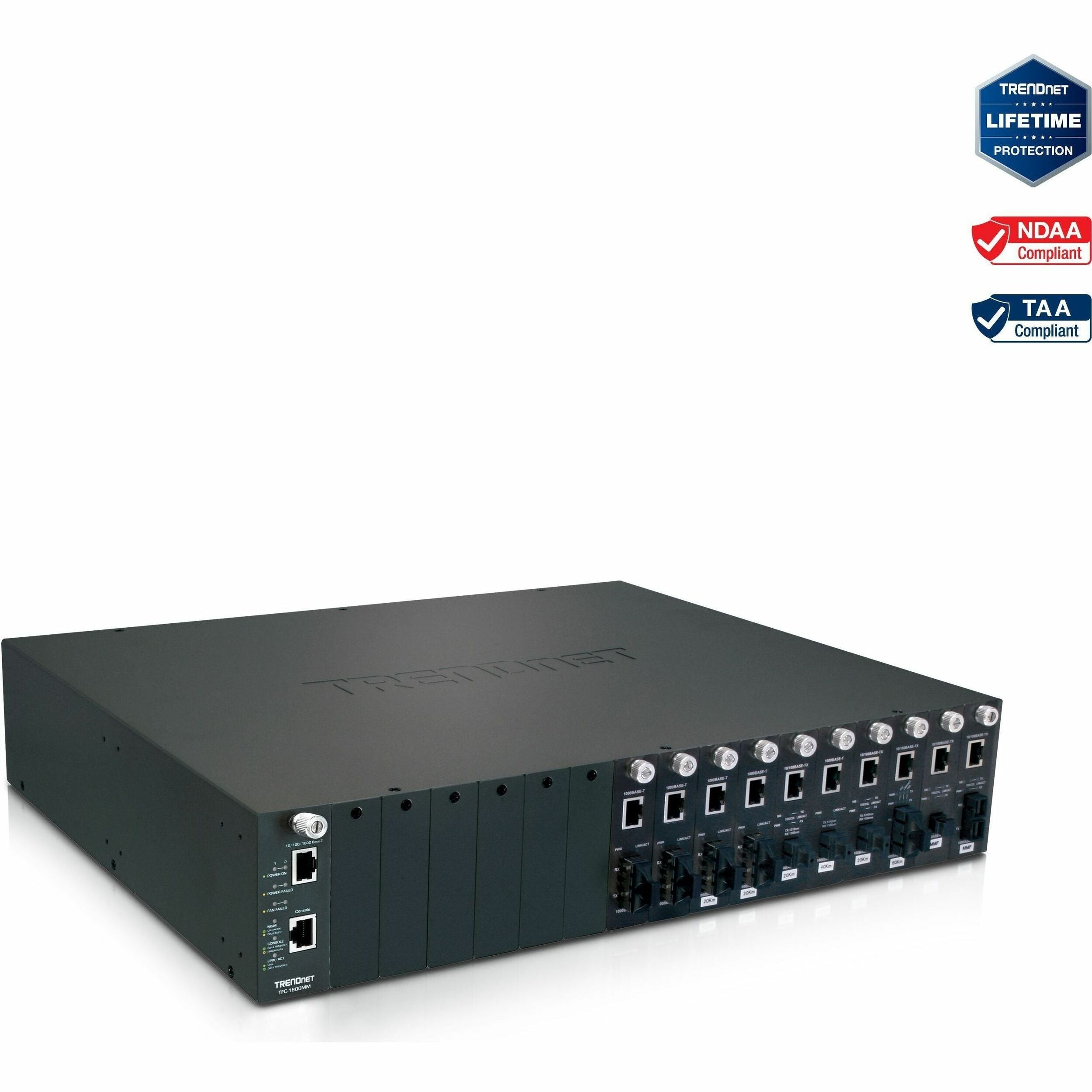 TRENDnet 16-Bay Fiber Converter Chassis System; Hot Swappable; Housing for up to 16 TFC Series Media Converters; Fast Ethernet RJ45; RS-232; SNMP Management Module; Lifetime Protection; TFC-1600 - TFC-1600