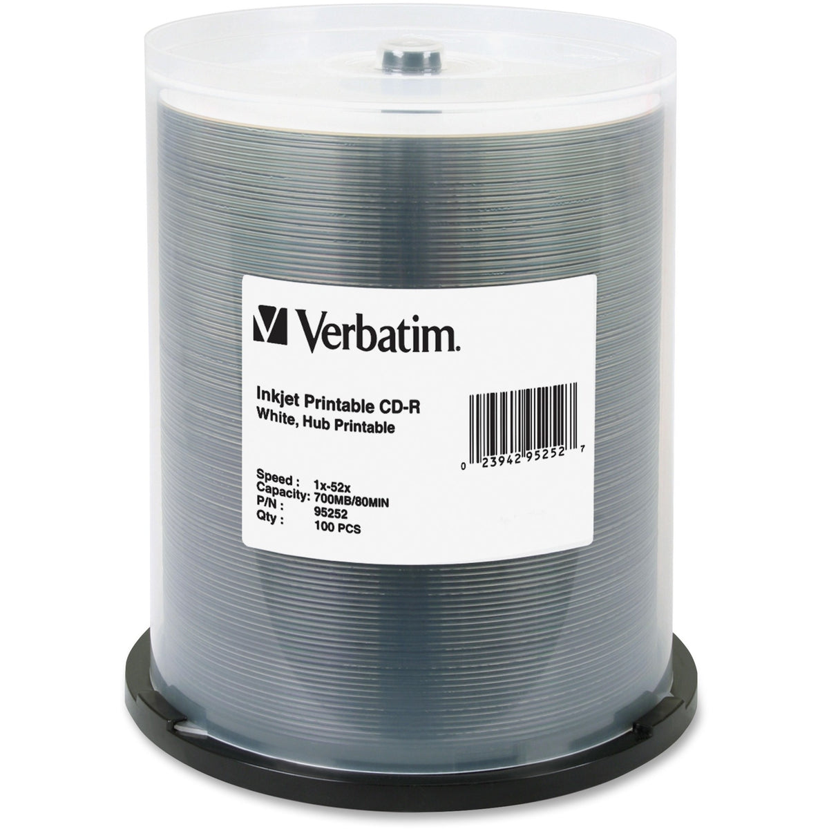 Verbatim CD-R 700MB 52X White Inkjet Printable, Hub Printable - 100pk Spindle - 95252