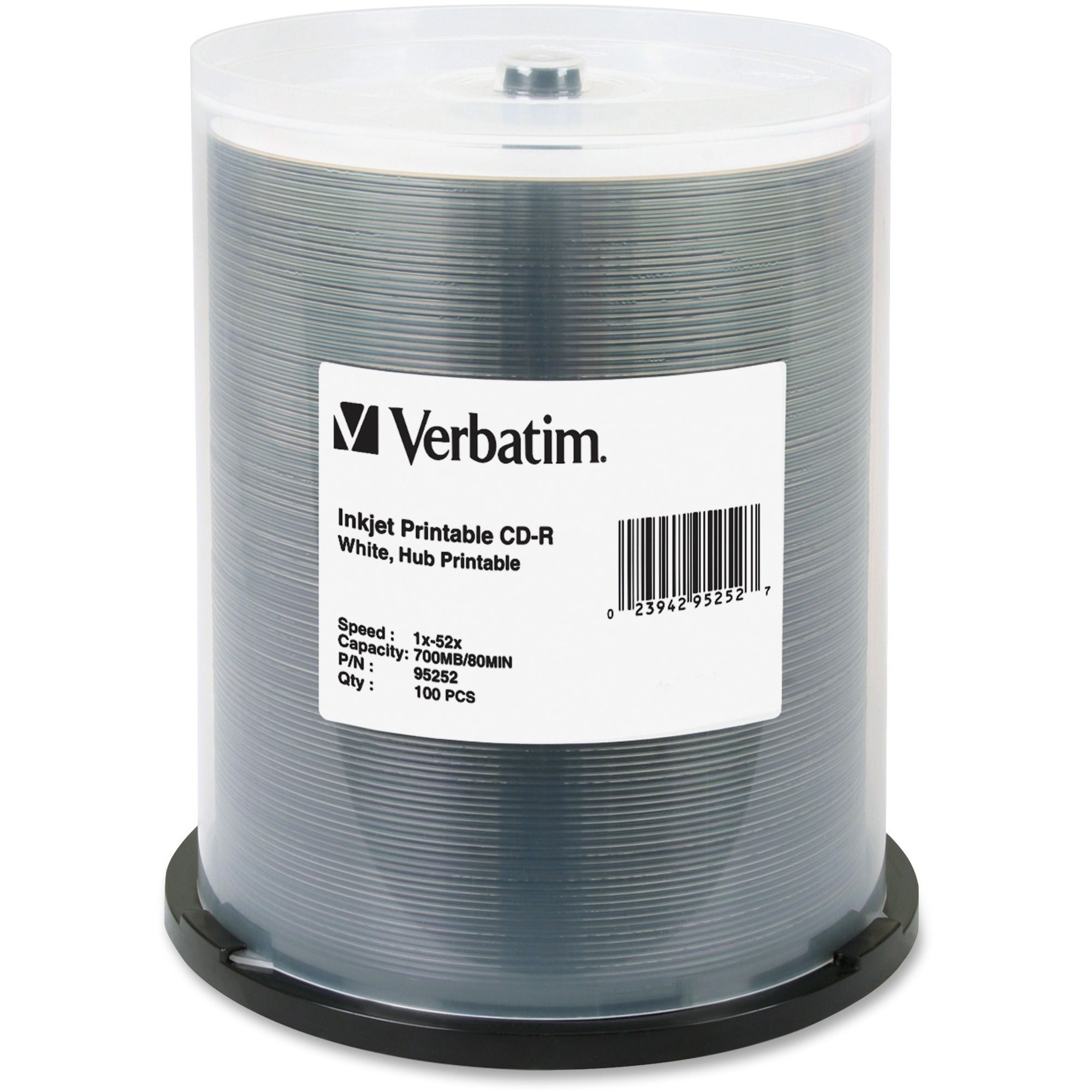 Verbatim CD-R 700MB 52X White Inkjet Printable, Hub Printable - 100pk Spindle - 95252