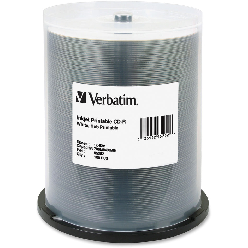 Verbatim CD-R 700MB 52X White Inkjet Printable, Hub Printable - 100pk Spindle - 95252