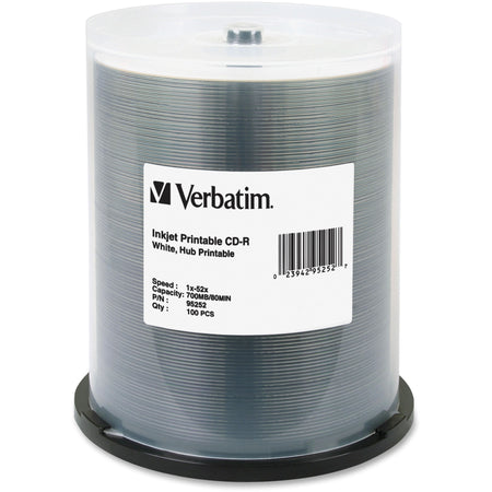 Verbatim 95252 CD Recordable Media - CD-R - 52x - 700 MB - 100 Pack Spindle - White - 95252