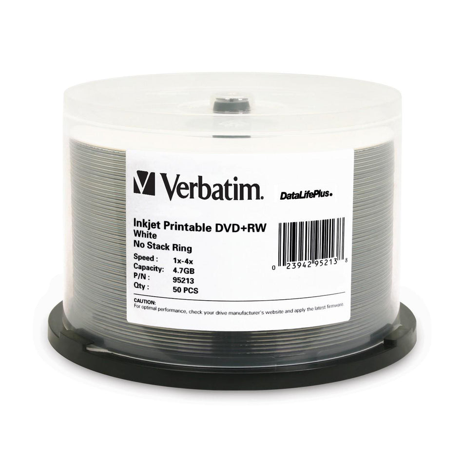 Verbatim DVD+RW 4.7GB 4X DataLifePlus White Inkjet Printable - 50pk Spindle - 95213