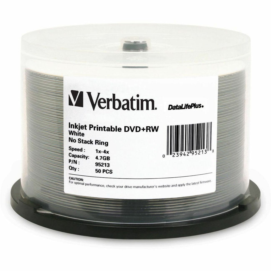 Verbatim DVD+RW 4.7GB 4X DataLifePlus White Inkjet Printable - 50pk Spindle - 95213